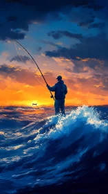 Solitary fisherman stands on open ocean waves at sunset