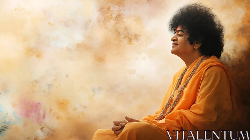 Spiritual guru in orange robes against radiant cloud backdrop.