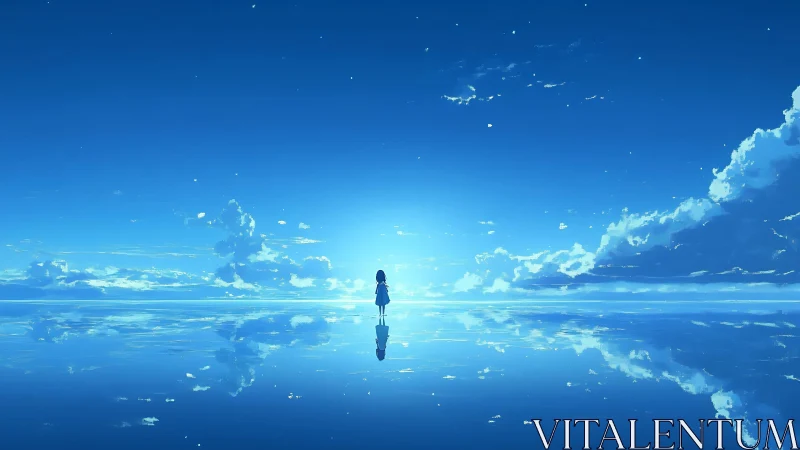 Solitary girl stands on mirrored horizon under vast sky.