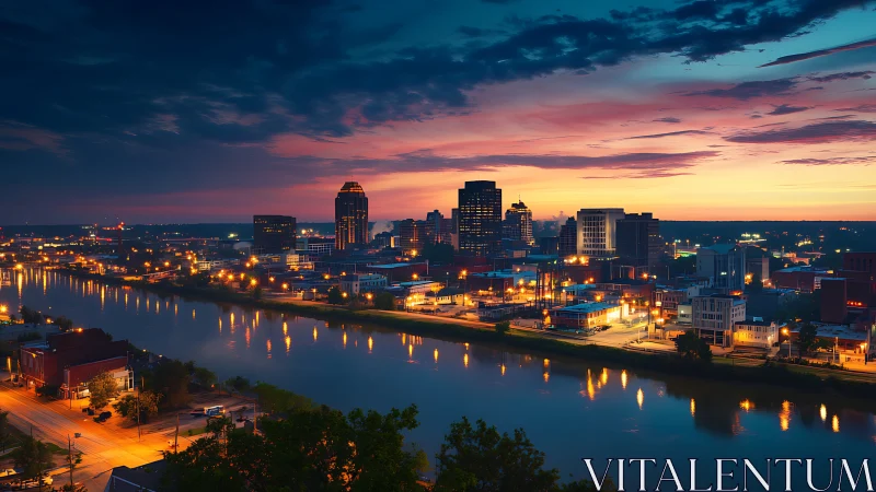 Riverside city skyline glows beneath a vivid twilight sky