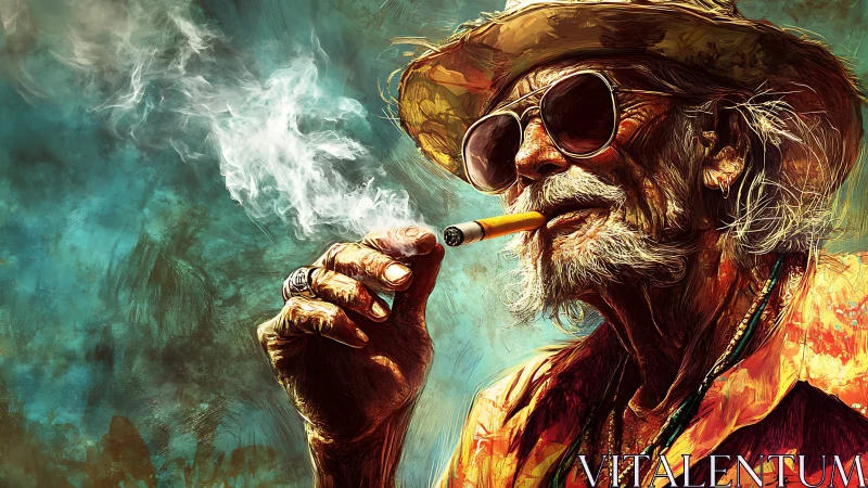 Weathered smoker in sunlit hat exhales drifting smoke