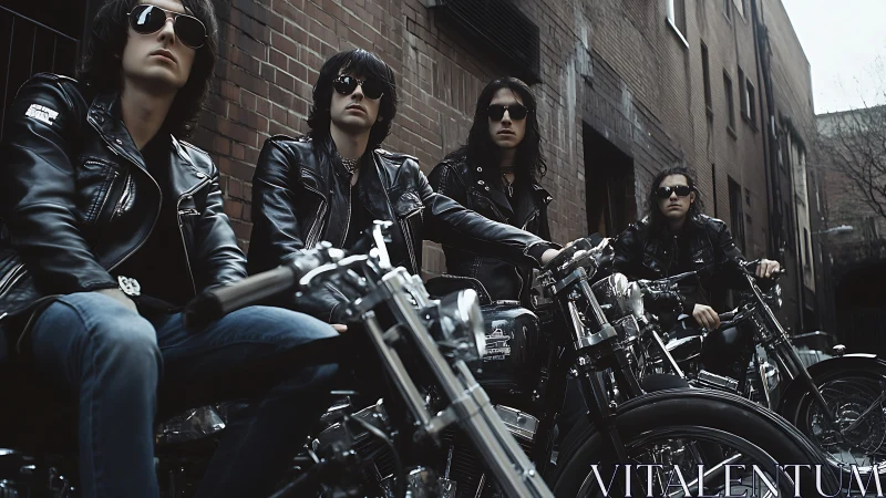 Leather clad riders share a bold moment on city motorcycles