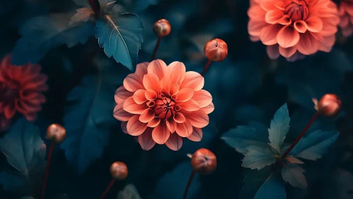 Coral Dahlias Bloom in Teal Reverie.