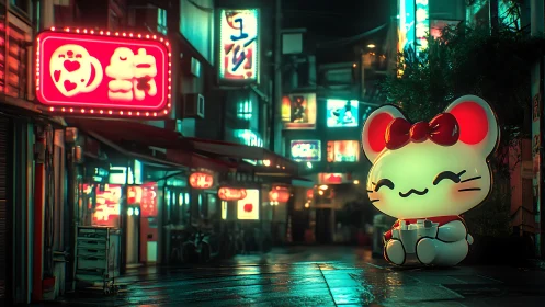 Neon alleyway with large cat mascot statue at night scene.