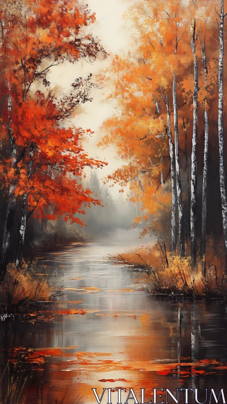 Serene autumn river with orange trees and reflections.