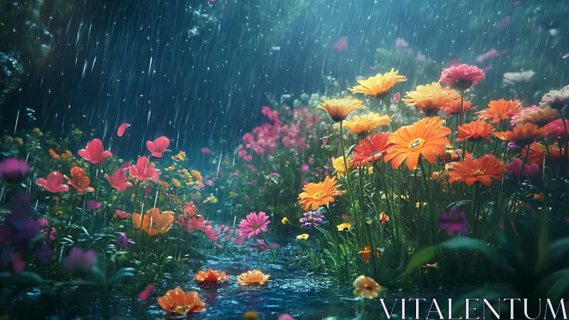 Rain-kissed wildflower garden glowing in enchanted twilight.