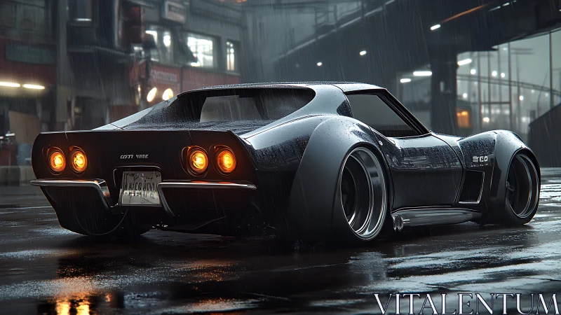 Retro muscle car under city rain with glowing taillights.