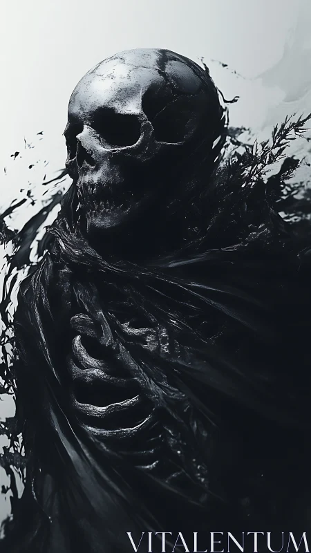 Metallic skull wreathed in swirling black shroud.
