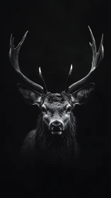 Majestic stag portrait emerges from deep shadowed darkness.