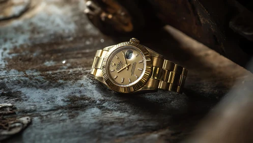 Gold chronometer on oxidized steel with directional bokeh lighting.
