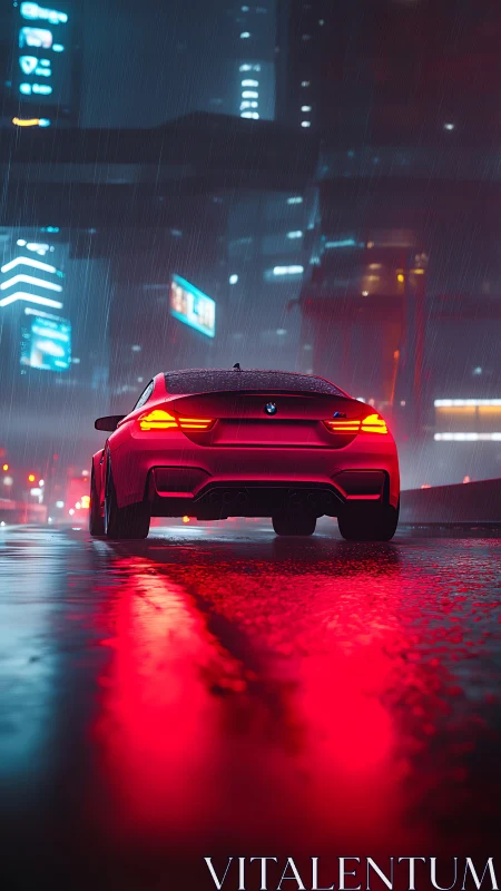Red sports car glows against neon city rain at night
