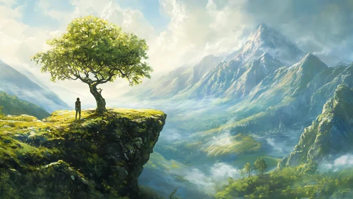 Solitary dreamer beneath luminous tree on misty cliff edge.