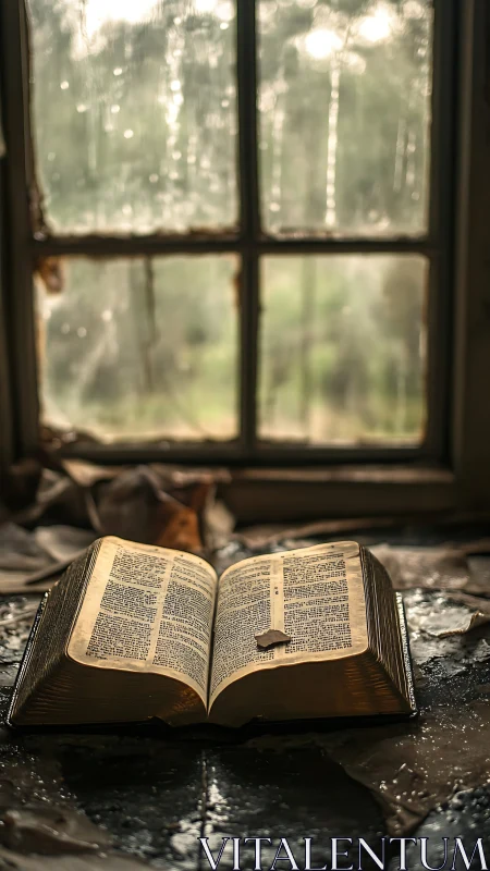 Aged open Bible rests under diffused window light in decay