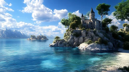 Coastal Castle Perched on Rocky Outcrop with Alpine Lake Vista
