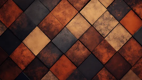 Diagonal grid of textured brown and black square tiles pattern.