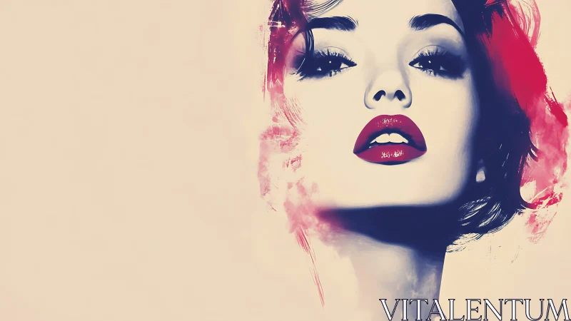 Bold portrait highlights red lips against soft abstract haze.