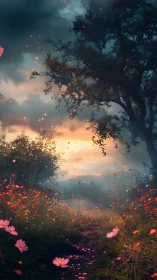 Twilight bloom corridor with drifting petals and volumetric haze.