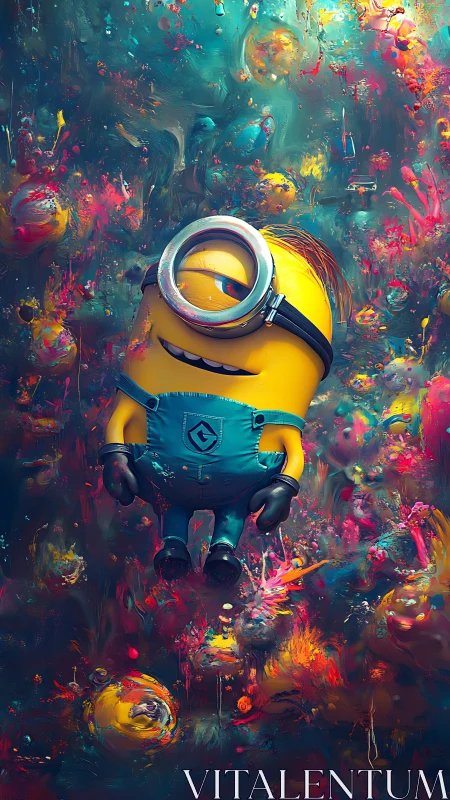 Dreamy yellow helper drifting through a cosmic paintstorm.