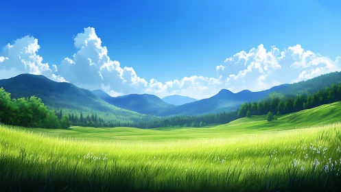 Luminous mountain valley with stratified cloud and light fields.