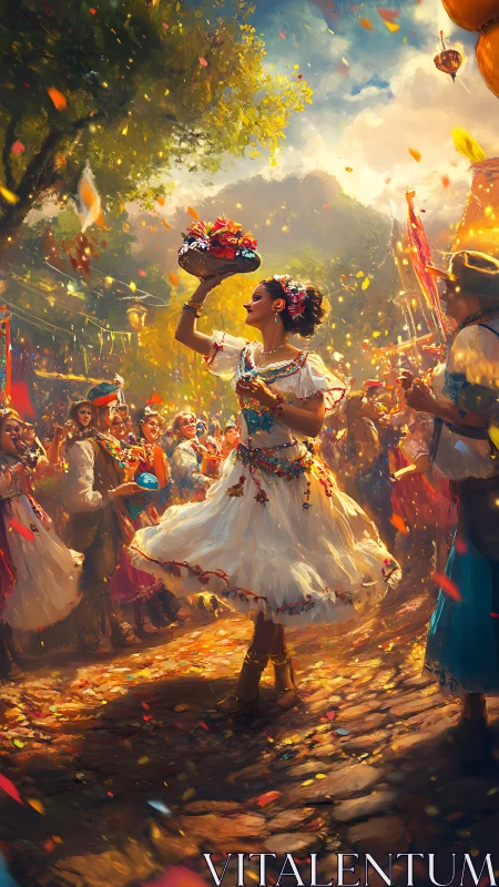 Woman dancing in traditional dress at outdoor festival.