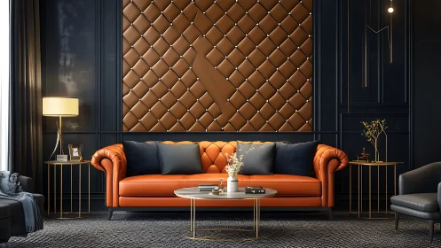 Luxurious orange leather sofa in dark navy paneled interior
