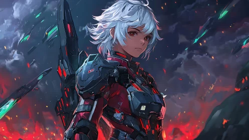 Armored anime warrior stands resolute in a burning sky