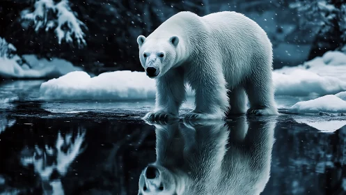 Polar sentinel mirrored on midnight icewater silence.