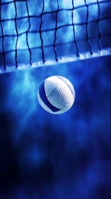 Midair volleyball moment under glowing blue court lights.