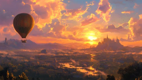 Hot air balloon crosses fantasy valley at vivid sunset sky