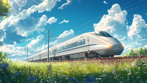High speed electric train passes through sunny countryside
