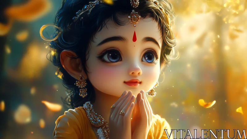 Child with large eyes prays in ornate golden environment
