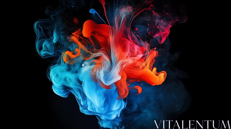 Swirling dance of red and blue ink clouds in darkness.