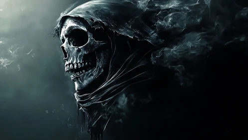 Hooded skeletal wraith emerges from swirling shadowed smoke.