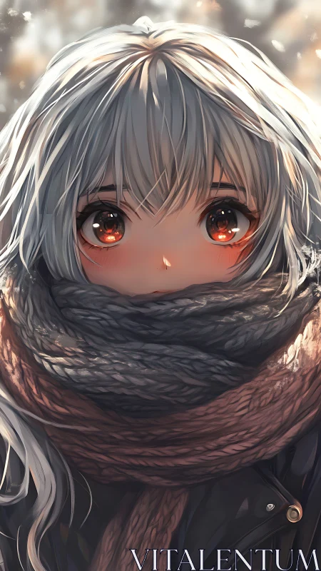 Silver haired anime girl in winter scarf close-up portrait.