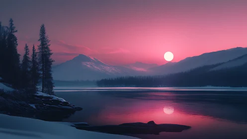 Glacial lake sunset with alpine silhouettes and magenta haze