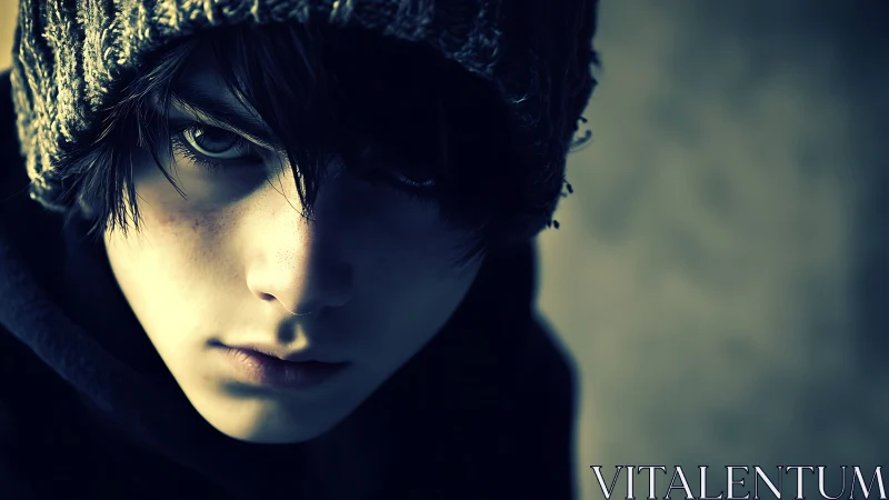 Moody teen portrait under knit beanie, teal shadows.