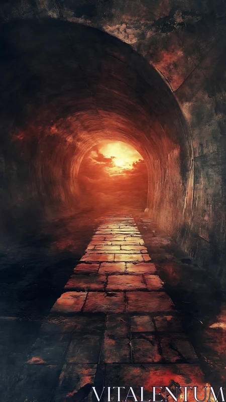 Digital painting of fiery tunnel corridor with vanishing light.