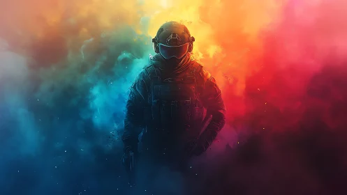 Color-swept tactical soldier strides through glowing battle haze