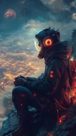 Starry night wanderer pausing above a glowing cloud world.