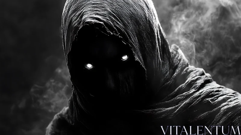 Hooded wraith with glowing eyes in high contrast monochrome.