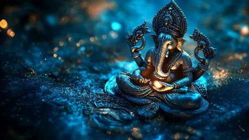 Luminous Ganesha statue cradles starlight in electric blue hush