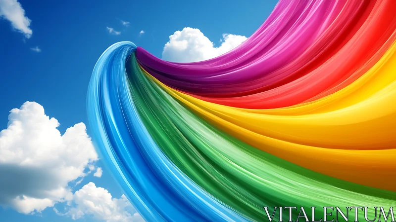 Skybound color ribbon arcs across clouds in vivid motion.