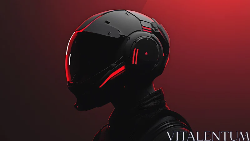 Futuristic black helmet with red neon accents on figure.