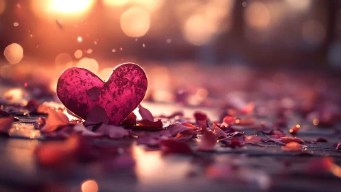 Glowing Red Heart Symbol Surrounded by Romantic Rose Petals and Light