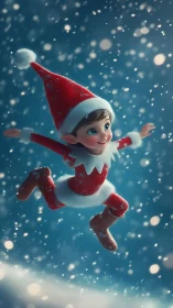 Joyful Christmas elf leaps through a softly falling snowfall