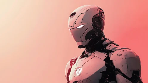 Armored humanoid android rendered against minimal red gradient