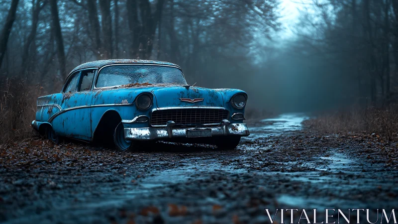 Rusting blue classic car abandoned on misty forest road.