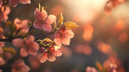 Pink Blossoms on Branch with Backlighting