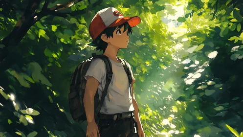 Youth with backpack standing in sunlit dense forest path.