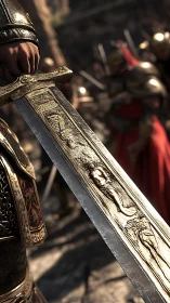 Ornate golden sword gleams in a tense medieval standoff.